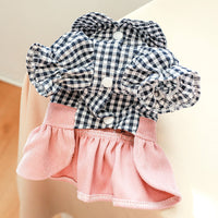 HKM-0601149 Casual Pet Dress with Button Plaid Design and Bow Suspenders for Small to Large Animals