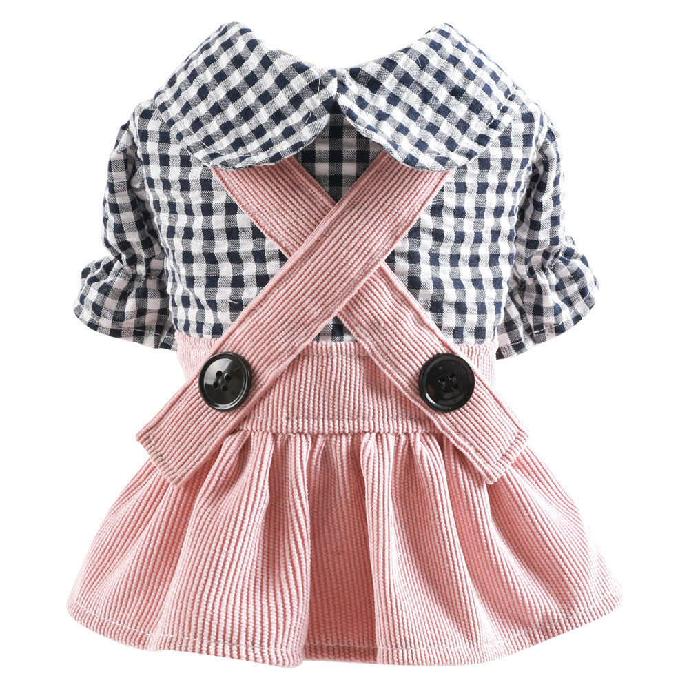 HKM-0601149 Casual Pet Dress with Button Plaid Design and Bow Suspenders for Small to Large Animals
