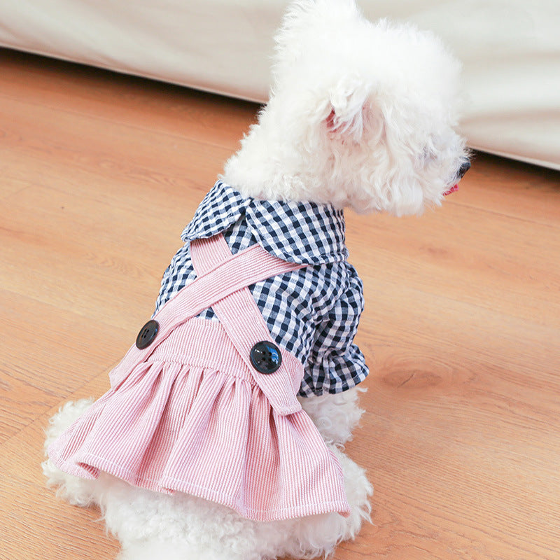 HKM-0601149 Casual Pet Dress with Button Plaid Design and Bow Suspenders for Small to Large Animals