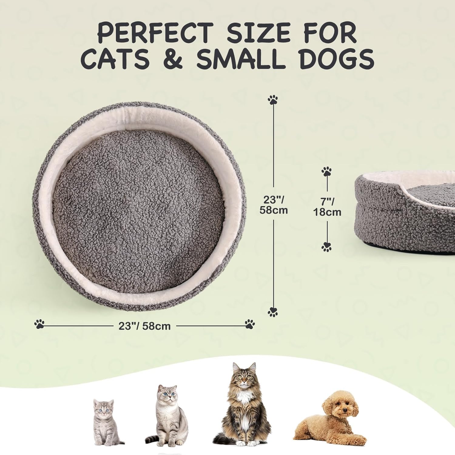 HKM-0604989 Orthopedic Washable Pet Bed for Small Dogs & Cats - 23 Inch Plush Round Bed with Non-Slip Bottom, Grey