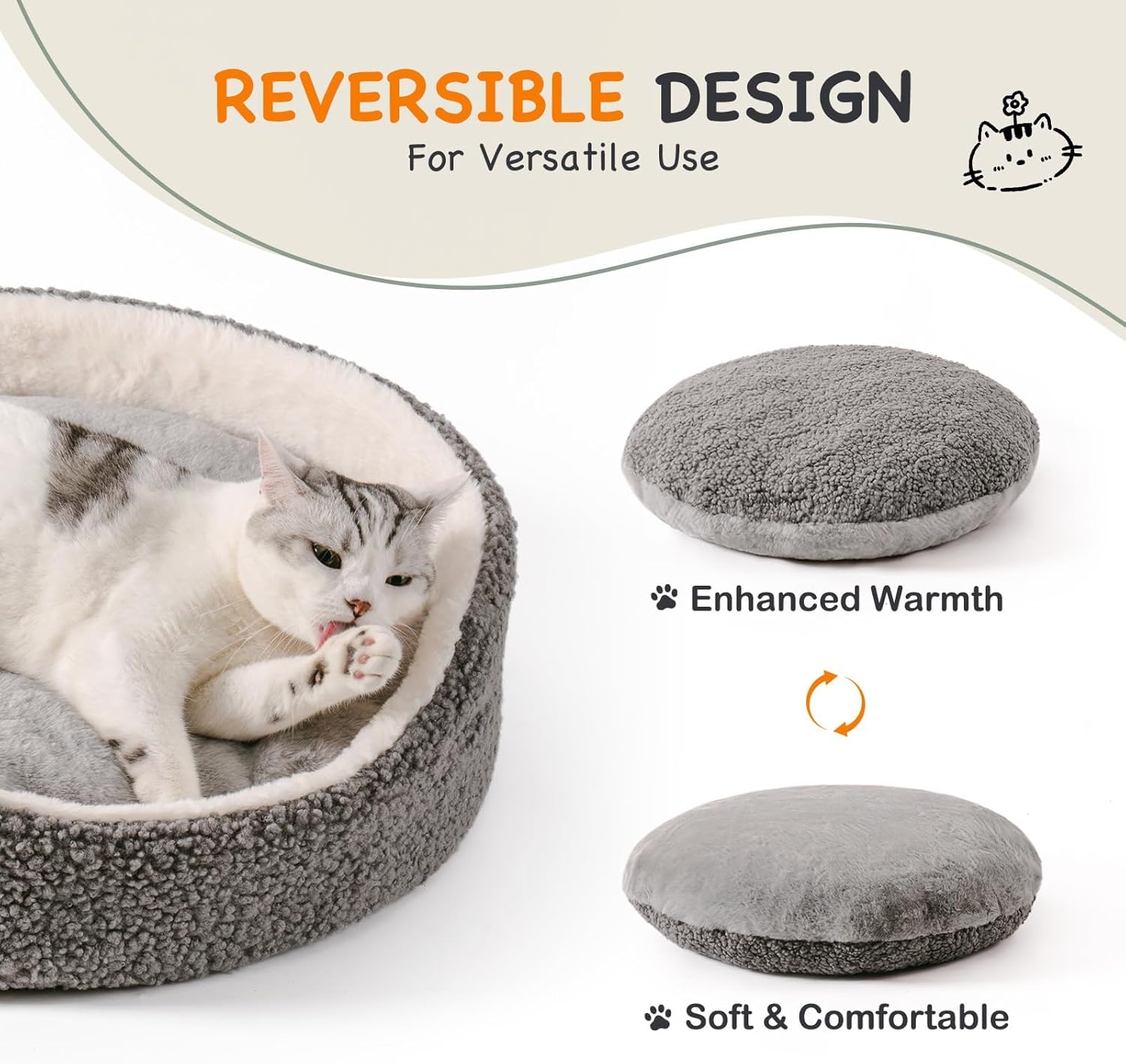 HKM-0604989 Orthopedic Washable Pet Bed for Small Dogs & Cats - 23 Inch Plush Round Bed with Non-Slip Bottom, Grey
