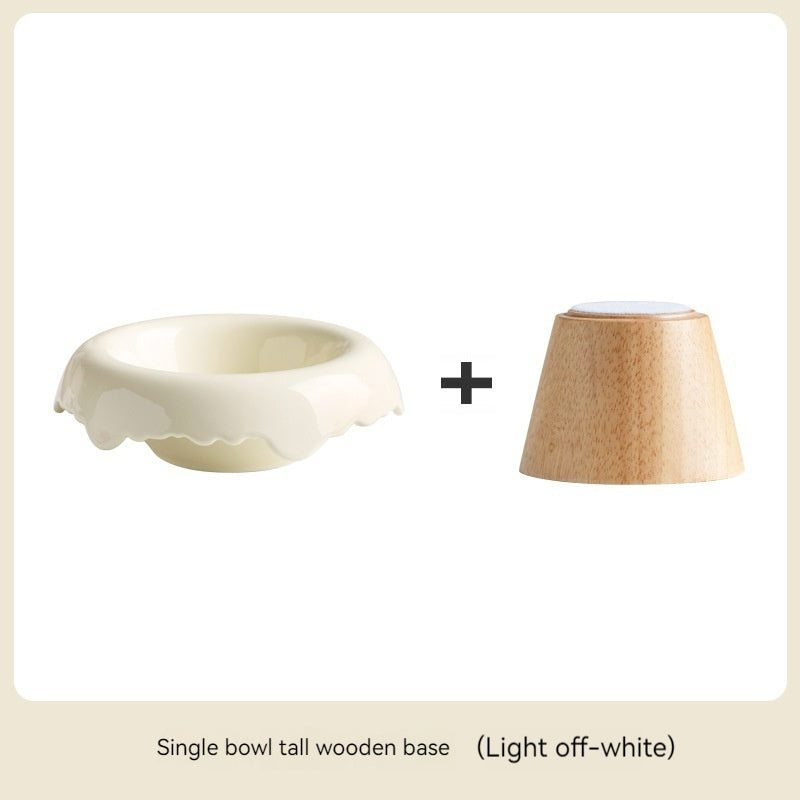 HKM-0606525 High Leg Ceramic Cat Food Bowl with Wooden Base - Multiple Colors Available