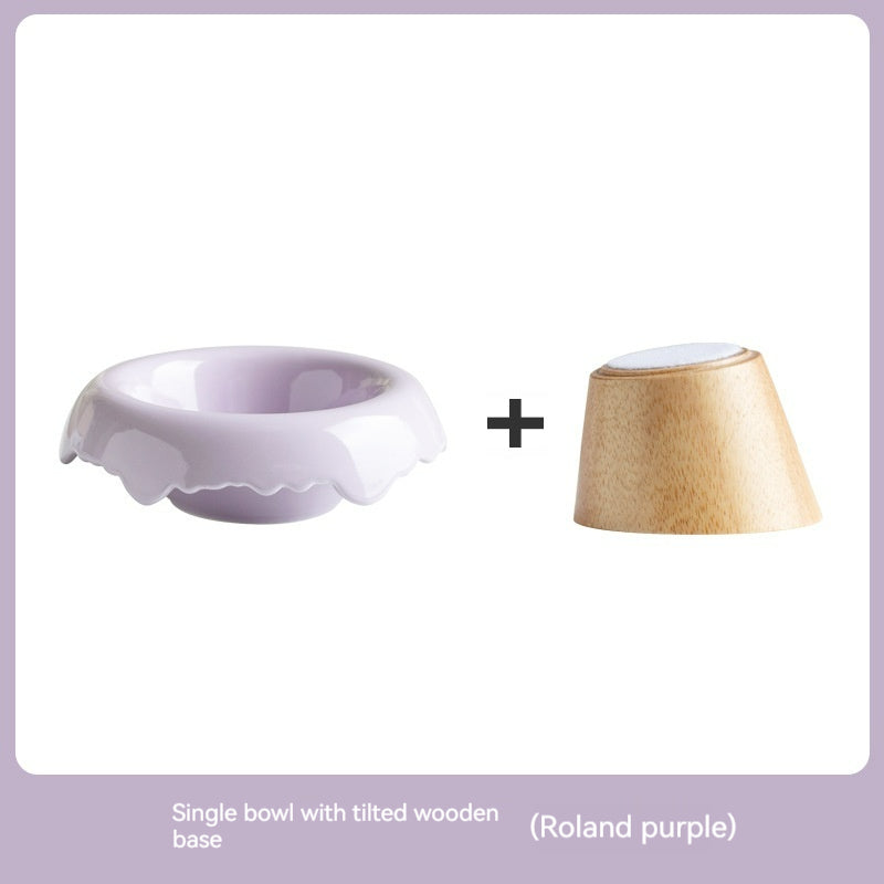 HKM-0606525 High Leg Ceramic Cat Food Bowl with Wooden Base - Multiple Colors Available