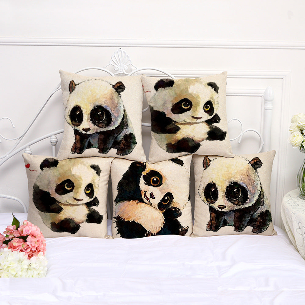 HKM-060947 Cartoon Panda Linen & Cotton Pillowcase Cover with PP Cotton Filling
