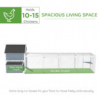 HKM-0609981 Extra Large Wooden Chicken Coop with 2 Nesting Boxes, Run Cage, and Waterproof Roof for 10-15 Chickens in Light Gray