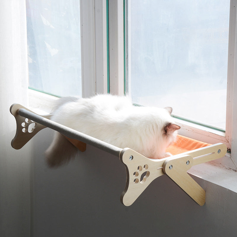 HKM-0610365 Solid Wood One-Piece Cat Hanging Bed for Windowsill Sunbathing 58x37x16cm