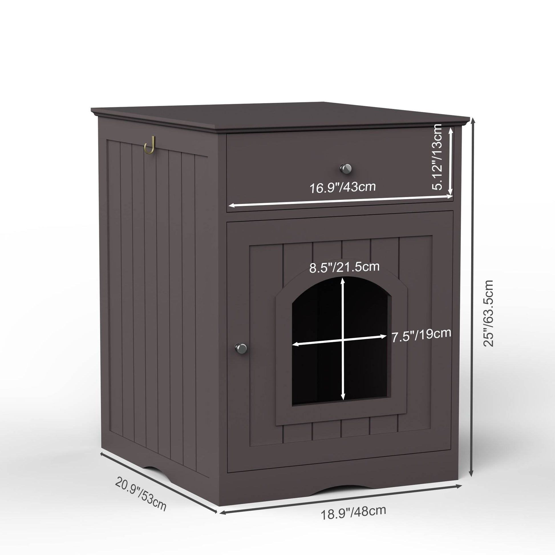 HKM-0615741 Wooden Cat Litter Box Enclosure with Drawer - Indoor Pet Crate and Side Table, Brown Finish