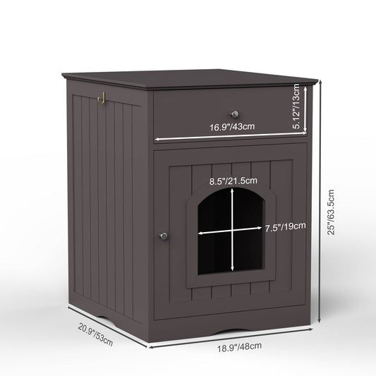 HKM-0615741 Wooden Cat Litter Box Enclosure with Drawer - Indoor Pet Crate and Side Table, Brown Finish