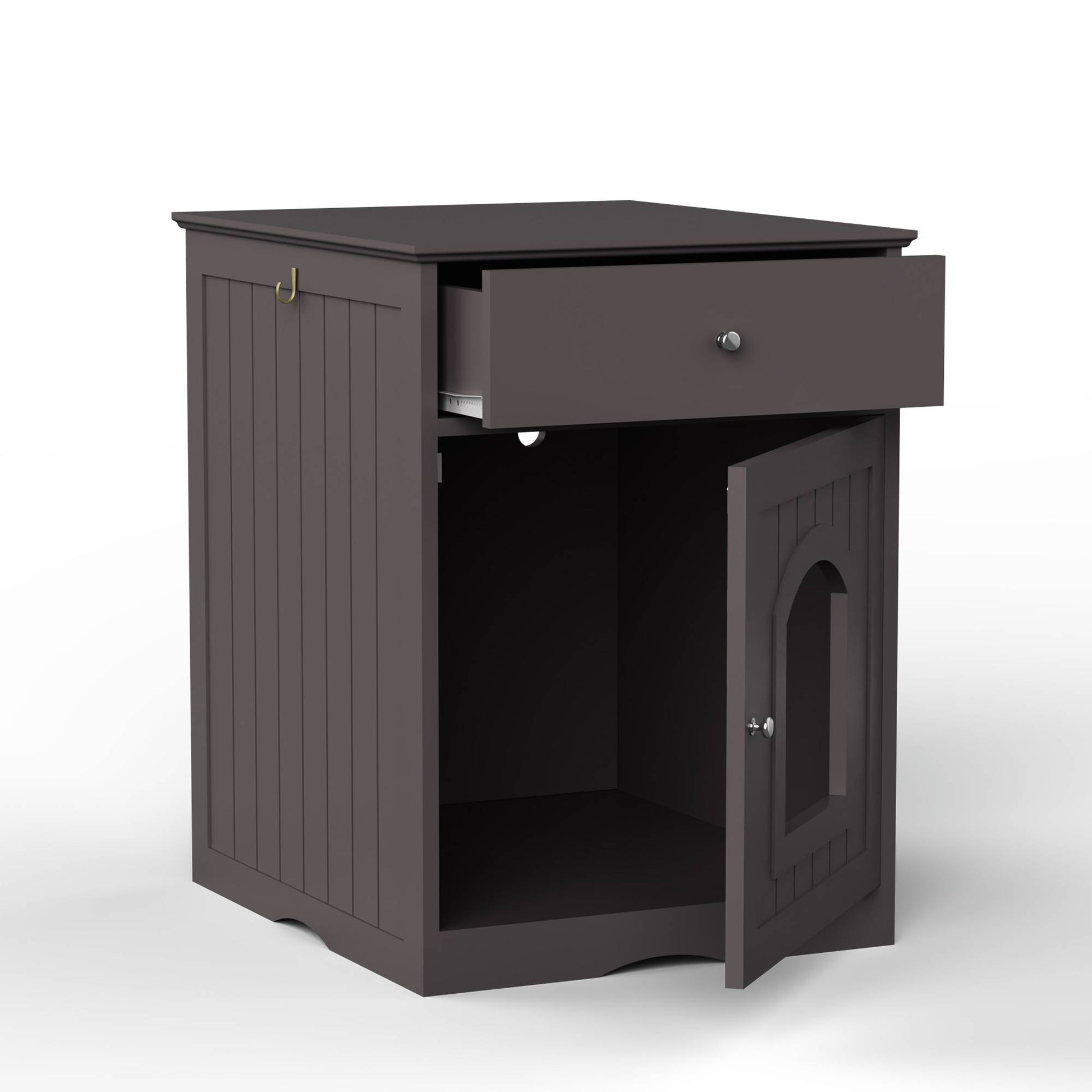 HKM-0615741 Wooden Cat Litter Box Enclosure with Drawer - Indoor Pet Crate and Side Table, Brown Finish