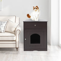 HKM-0615741 Wooden Cat Litter Box Enclosure with Drawer - Indoor Pet Crate and Side Table, Brown Finish