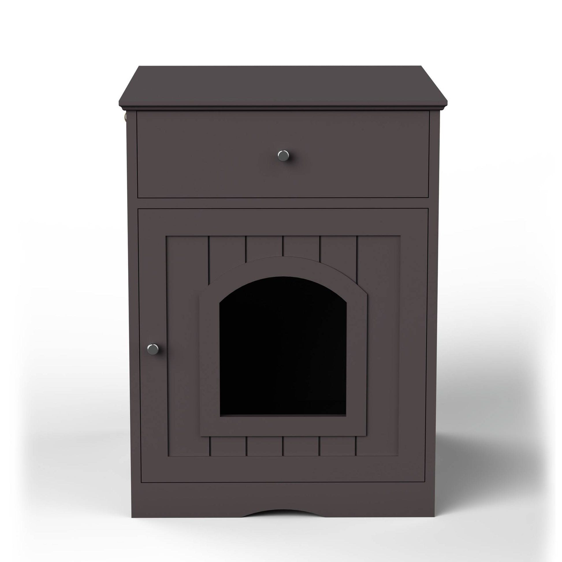 HKM-0615741 Wooden Cat Litter Box Enclosure with Drawer - Indoor Pet Crate and Side Table, Brown Finish