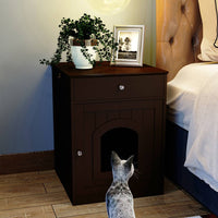 HKM-0615741 Wooden Cat Litter Box Enclosure with Drawer - Indoor Pet Crate and Side Table, Brown Finish