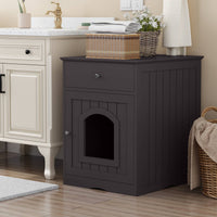 HKM-0615741 Wooden Cat Litter Box Enclosure with Drawer - Indoor Pet Crate and Side Table, Brown Finish