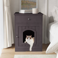 HKM-0615741 Wooden Cat Litter Box Enclosure with Drawer - Indoor Pet Crate and Side Table, Brown Finish