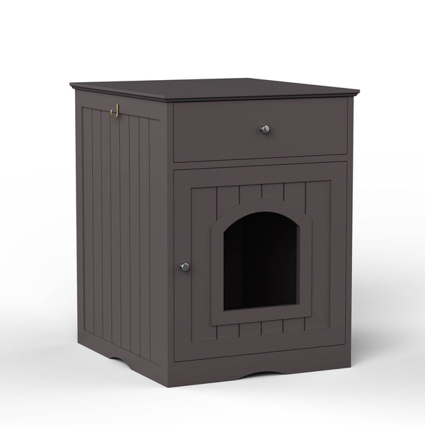 HKM-0615741 Wooden Cat Litter Box Enclosure with Drawer - Indoor Pet Crate and Side Table, Brown Finish