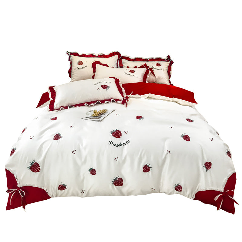HKM-061715 Cotton Strawberry Embroidery Four-Piece Duvet Cover Bedding Set