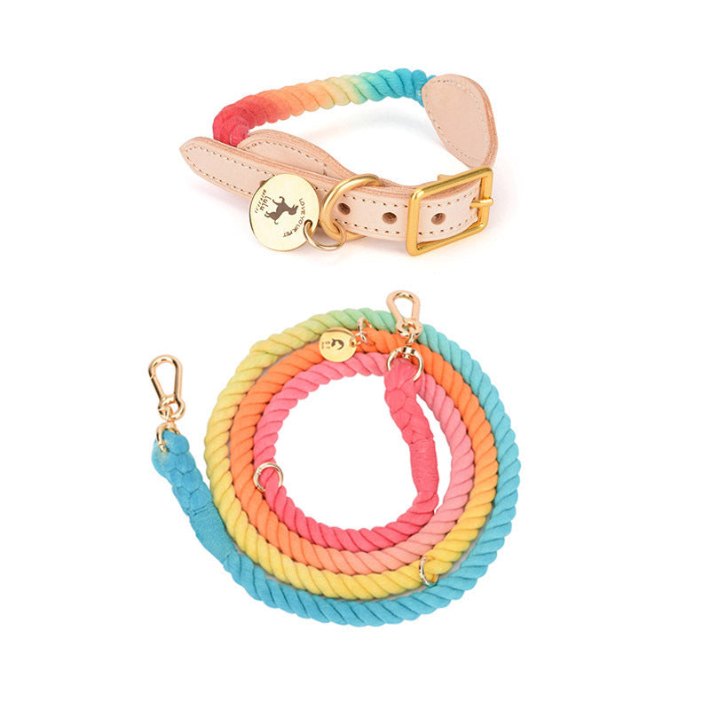 HKM-0619837 Multifunctional Rainbow Gradient Cotton Dog Traction Rope with Hand-Woven Collar Options