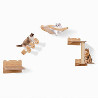 HKM-0621117 Natural Plywood Cat Wall Furniture Set with Hammock, 2-Step Cat Tree, and 3-Step Stairs