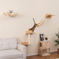 HKM-0621117 Natural Plywood Cat Wall Furniture Set with Hammock, 2-Step Cat Tree, and 3-Step Stairs