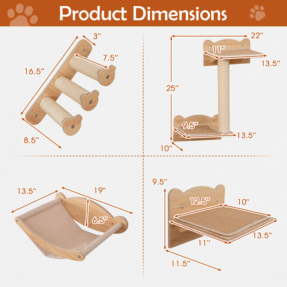 HKM-0621117 Natural Plywood Cat Wall Furniture Set with Hammock, 2-Step Cat Tree, and 3-Step Stairs