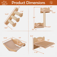 HKM-0621117 Natural Plywood Cat Wall Furniture Set with Hammock, 2-Step Cat Tree, and 3-Step Stairs