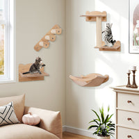 HKM-0621117 Natural Plywood Cat Wall Furniture Set with Hammock, 2-Step Cat Tree, and 3-Step Stairs