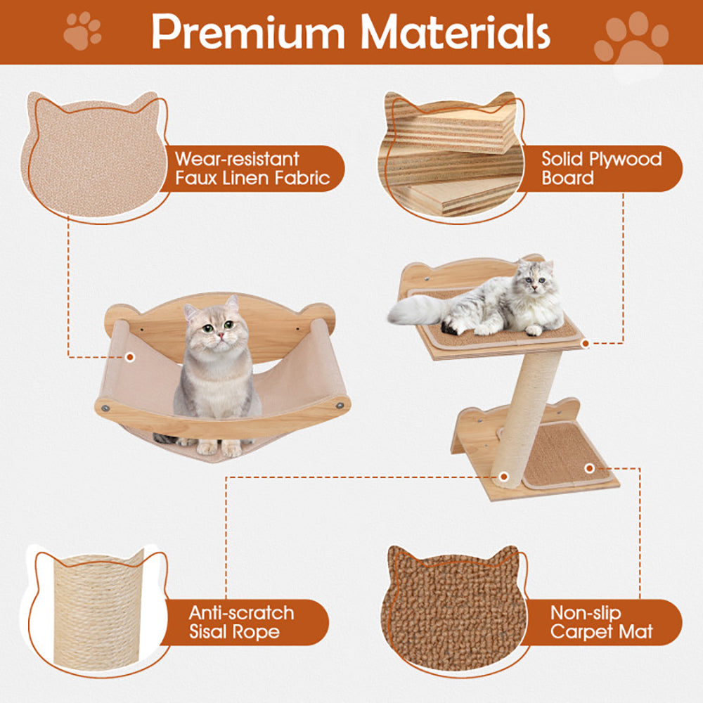 HKM-0621117 Natural Plywood Cat Wall Furniture Set with Hammock, 2-Step Cat Tree, and 3-Step Stairs