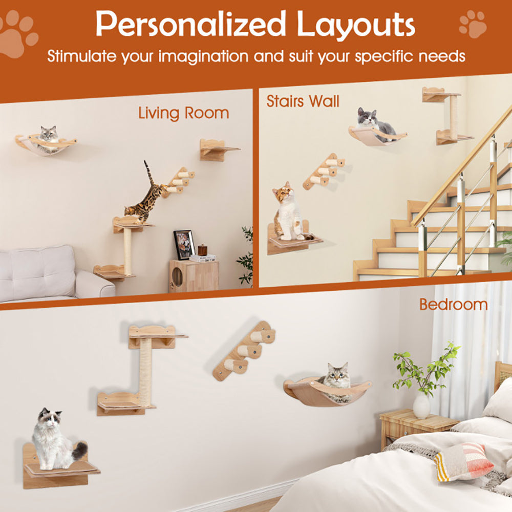HKM-0621117 Natural Plywood Cat Wall Furniture Set with Hammock, 2-Step Cat Tree, and 3-Step Stairs