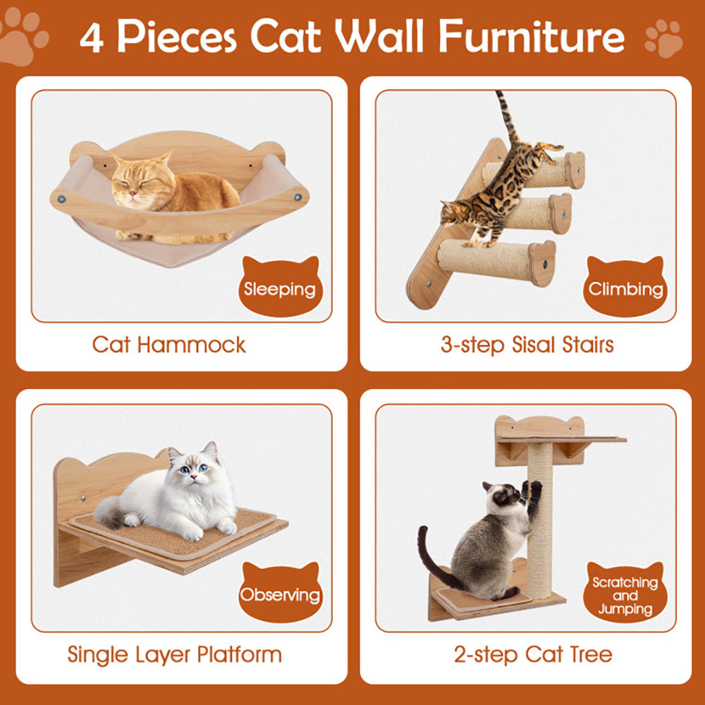 HKM-0621117 Natural Plywood Cat Wall Furniture Set with Hammock, 2-Step Cat Tree, and 3-Step Stairs