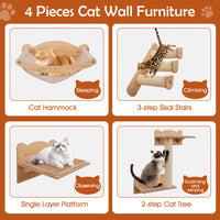 HKM-0621117 Natural Plywood Cat Wall Furniture Set with Hammock, 2-Step Cat Tree, and 3-Step Stairs