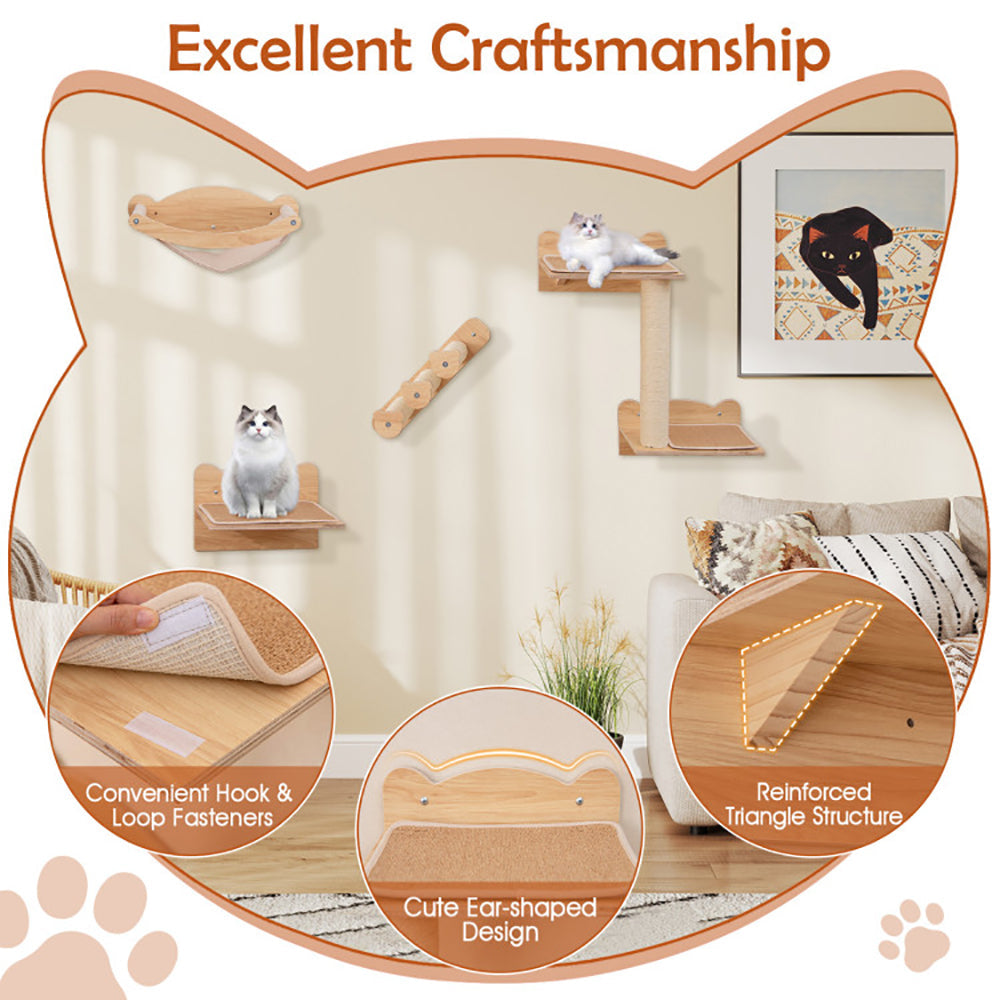 HKM-0621117 Natural Plywood Cat Wall Furniture Set with Hammock, 2-Step Cat Tree, and 3-Step Stairs