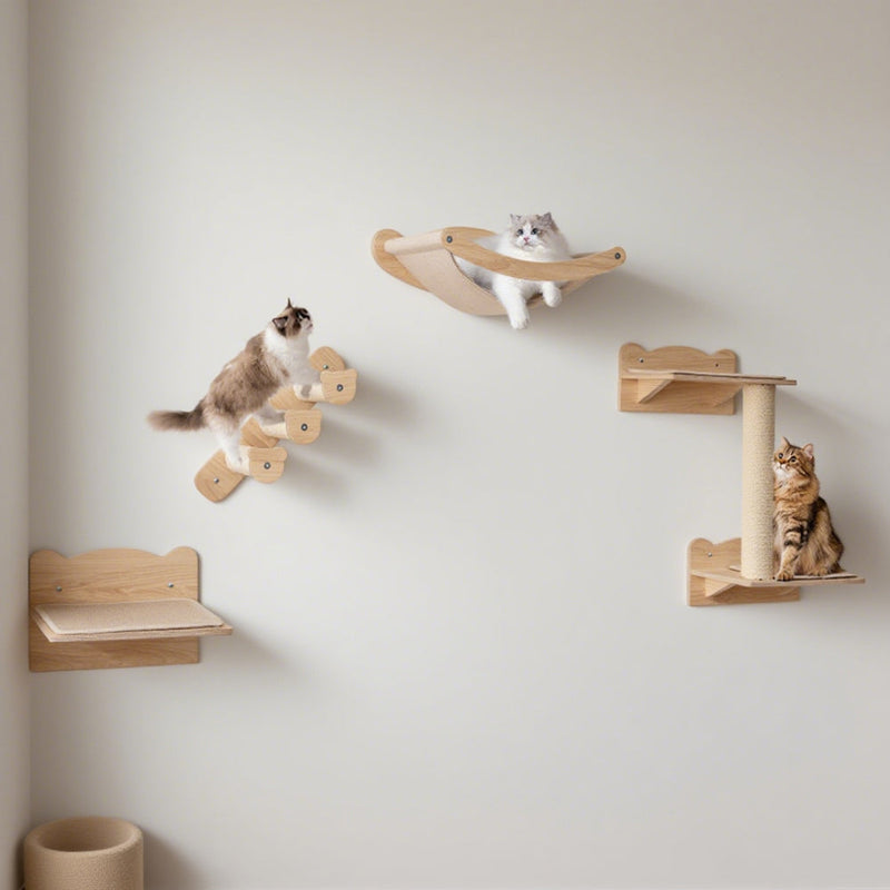 HKM-0621117 Natural Plywood Cat Wall Furniture Set with Hammock, 2-Step Cat Tree, and 3-Step Stairs