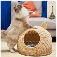 HKM-0621885 Rattan Cat Nest with Ears - Available in Small (36cm x 25cm x 18cm) and Medium (42cm x 30cm x 20cm) Sizes