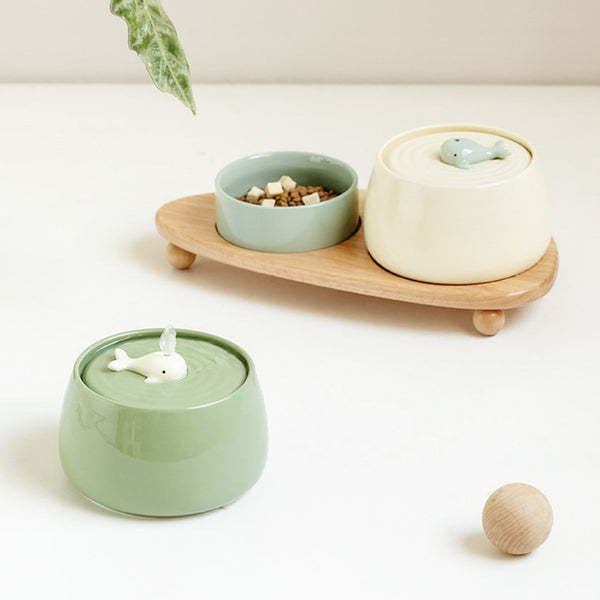 HKM-0623677 Ceramic Automatic Circulating Water Dispenser with Filter and Grain Bowl for Cats