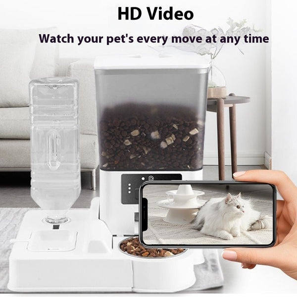 HKM-0623805 Smart Pet Feeder with Video and Voice Call Functionality, Timed Food & Water Dispenser, Stainless Steel Bowl