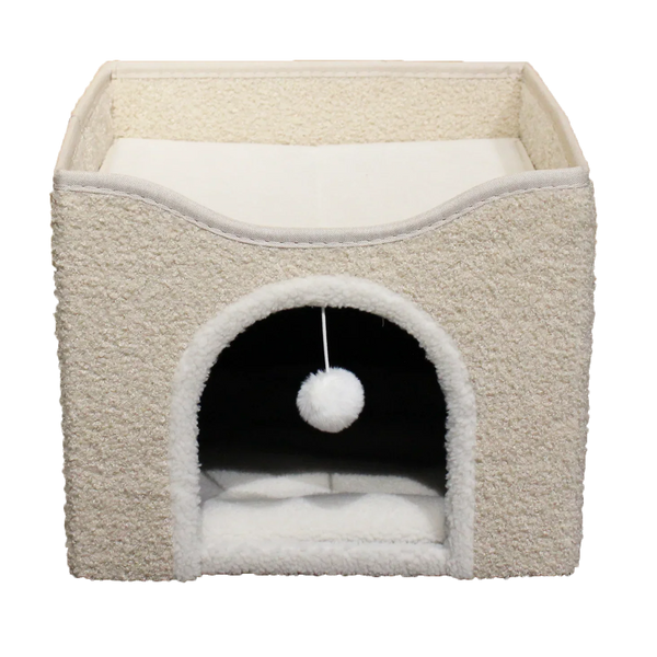 HKM-062547 Foldable Cat Scratcher Play House and Bed - Cute Brown Fabric Design for Indoor Use