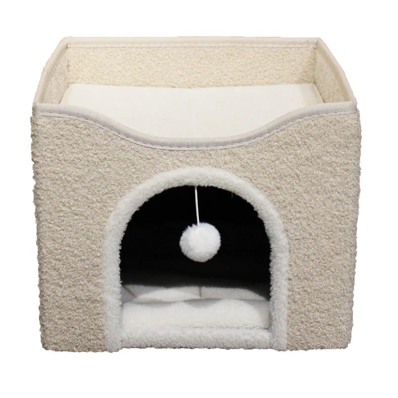 HKM-062547 Foldable Cat Scratcher Play House and Bed - Cute Brown Fabric Design for Indoor Use
