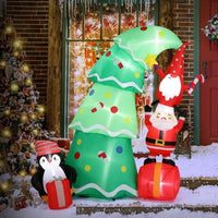 HKM-062803 6 FT Inflatable Christmas Decoration with Tree, Elf, and Santa Claus - Lighted Holiday Yard Decor