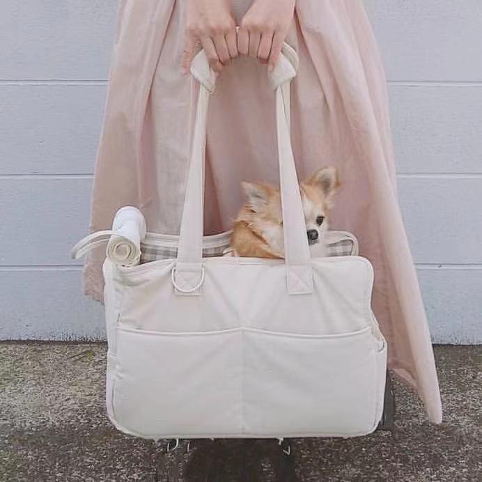 HKM-0629821 Small Dog Hand Messenger Bag in Beige - Nylon Canvas, Lightweight Design, Compact Size