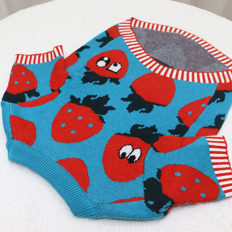 HKM-0631357 Cute Blue Strawberry Cartoon Sweater for Short and Fat Dogs - Available in S, M, L, XL