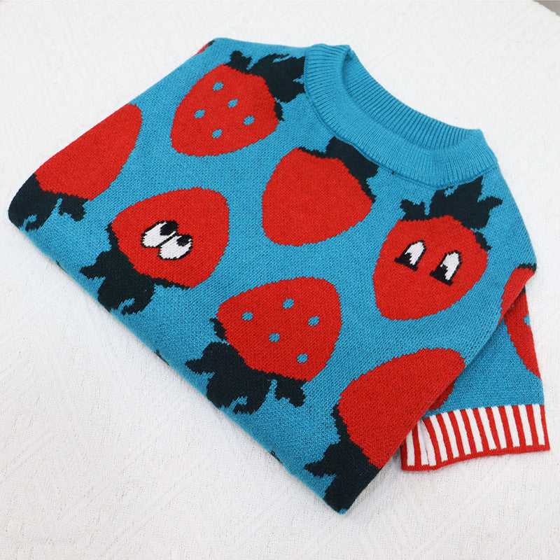 HKM-0631357 Cute Blue Strawberry Cartoon Sweater for Short and Fat Dogs - Available in S, M, L, XL