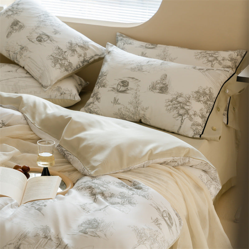 HKM-063187 Retro Pastoral Tencel Bed Set, Lyocell Fiber, Quilt Cover & Pillowcases, Available in Wilderness and Dry Rose