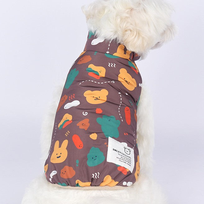 HKM-0638781 Cartoon Double-Sided Vest Coat for Pets in Dark Blue, Apricot, and Dark Brown, Available in Multiple Sizes