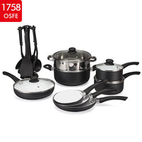 HKM-063891 18-Piece Non-Stick Cookware Set in Black with Cast Iron Pots and Pans