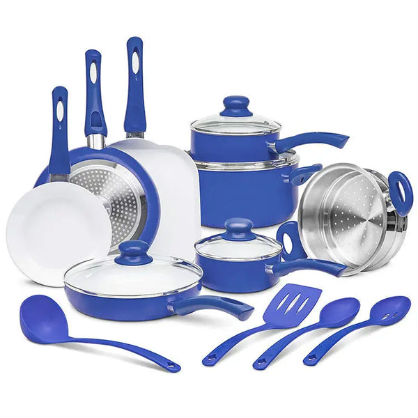 HKM-063891 18-Piece Non-Stick Cookware Set in Black with Cast Iron Pots and Pans