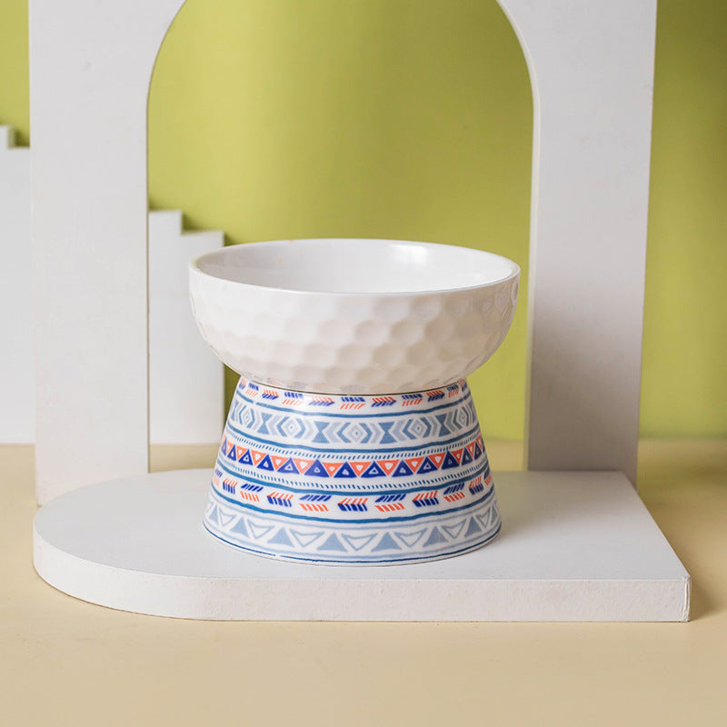 HKM-0639293 Ceramic Pet Bowl with High Foot Design in Bohemian Honeycomb Patterns