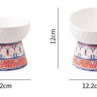 HKM-0639293 Ceramic Pet Bowl with High Foot Design in Bohemian Honeycomb Patterns
