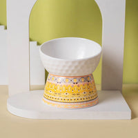 HKM-0639293 Ceramic Pet Bowl with High Foot Design in Bohemian Honeycomb Patterns