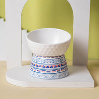 HKM-0639293 Ceramic Pet Bowl with High Foot Design in Bohemian Honeycomb Patterns