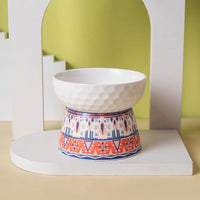 HKM-0639293 Ceramic Pet Bowl with High Foot Design in Bohemian Honeycomb Patterns